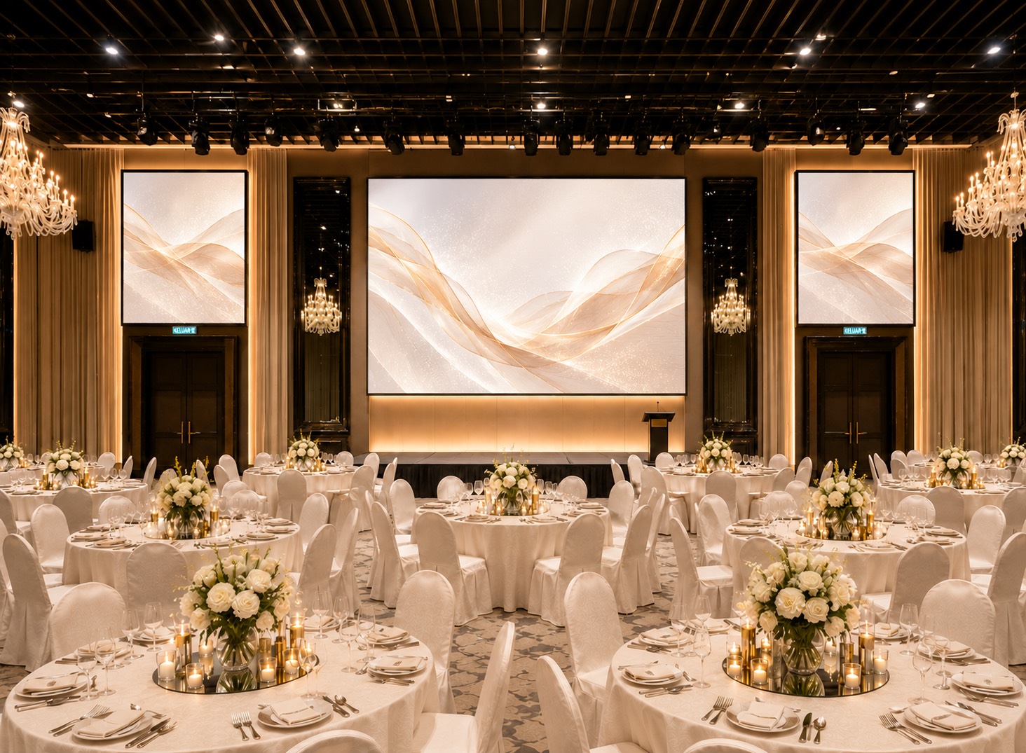 Banquet seating before the staging wall in the Grand Ballroom at Portrait Hotel